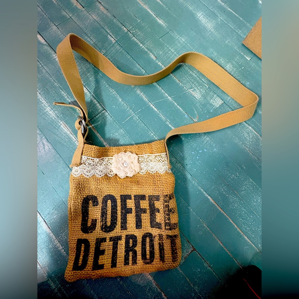 Tan burlap Crossbody Bag with Lace Detail